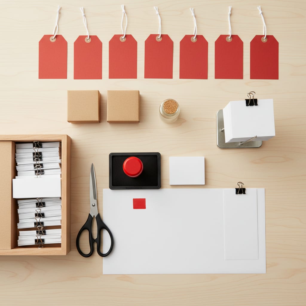 Paige Delgado's clipping desk with scissors, blank paper slips, red price tags and a rubber stamp beside an ink pad